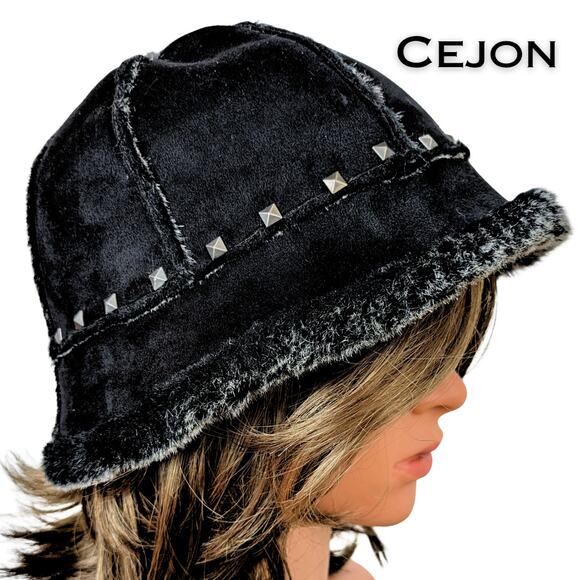 Cejon Bucket Hat Black Faux Suede Fur Studded Winter Warm Cozy Indie Edgy Y2K - Picture 1 of 13